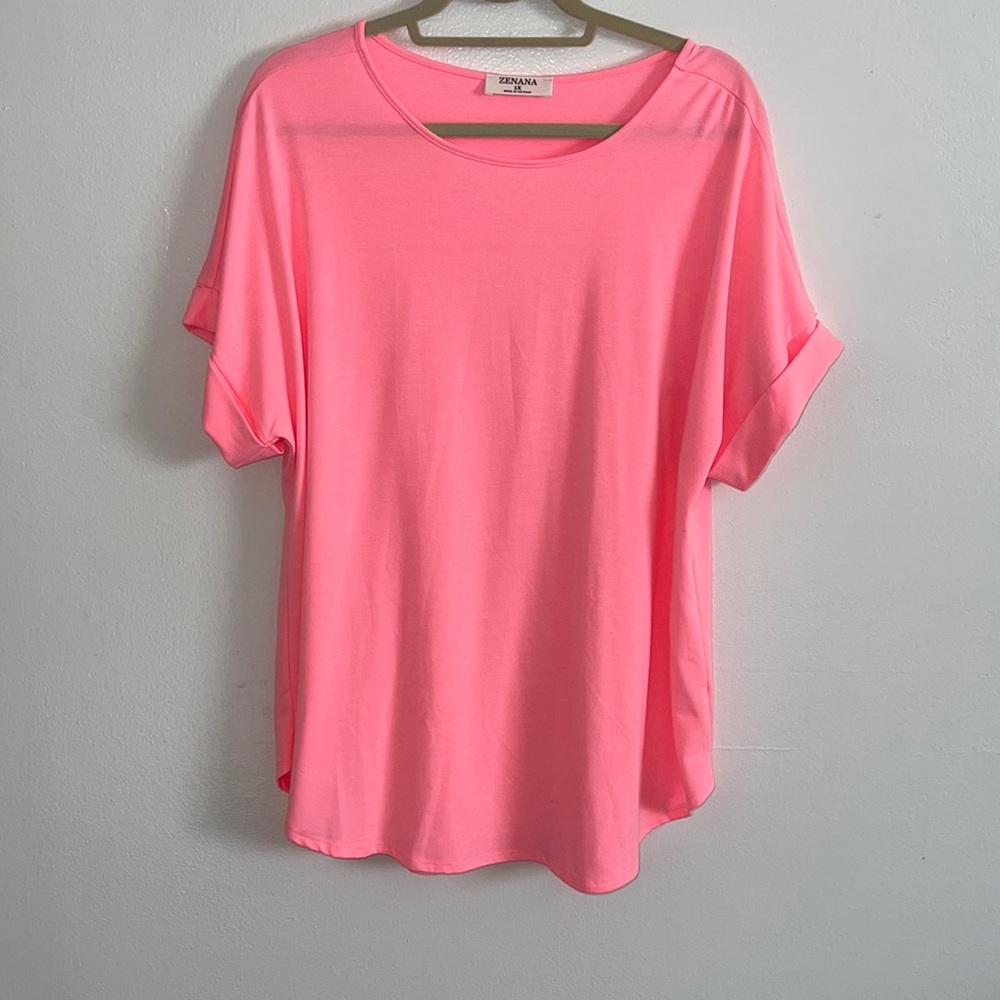 Zenana Pink Rolled Sleeve Top (1X)